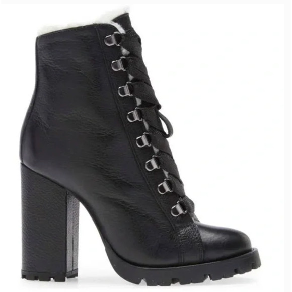 Schutz Zhara Lace Combat Boots 8 Black NWOT Sherpa Shearling Ankle Booties Zara - Picture 1 of 9